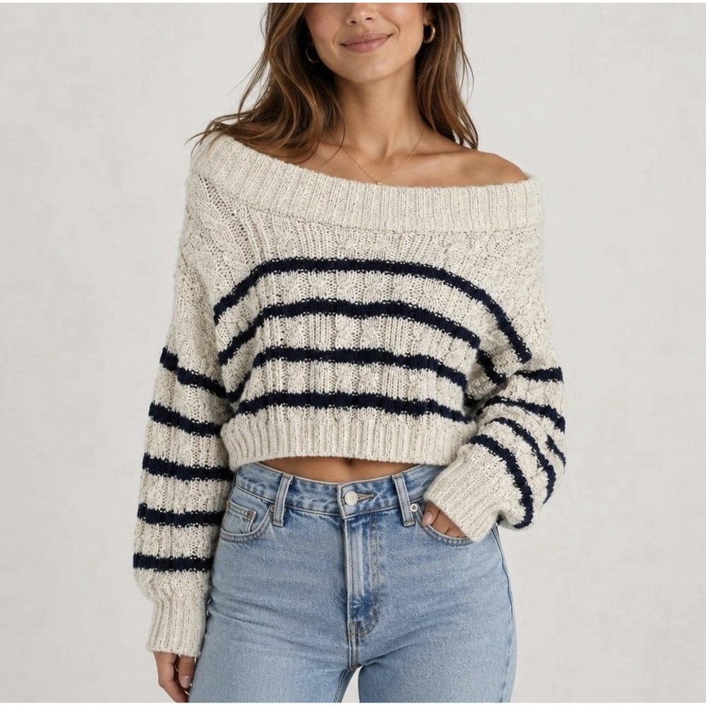 Anthropologie Off The Shoulder Boatneck Cotton Chunky Knit XS Sweater Ivory Navy